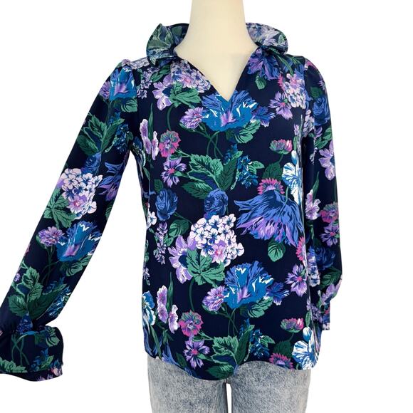 J. Crew Ruffle Neck Long Sleeve Crepe Top Blouse in Blue Floral | XS - Picture 1 of 12